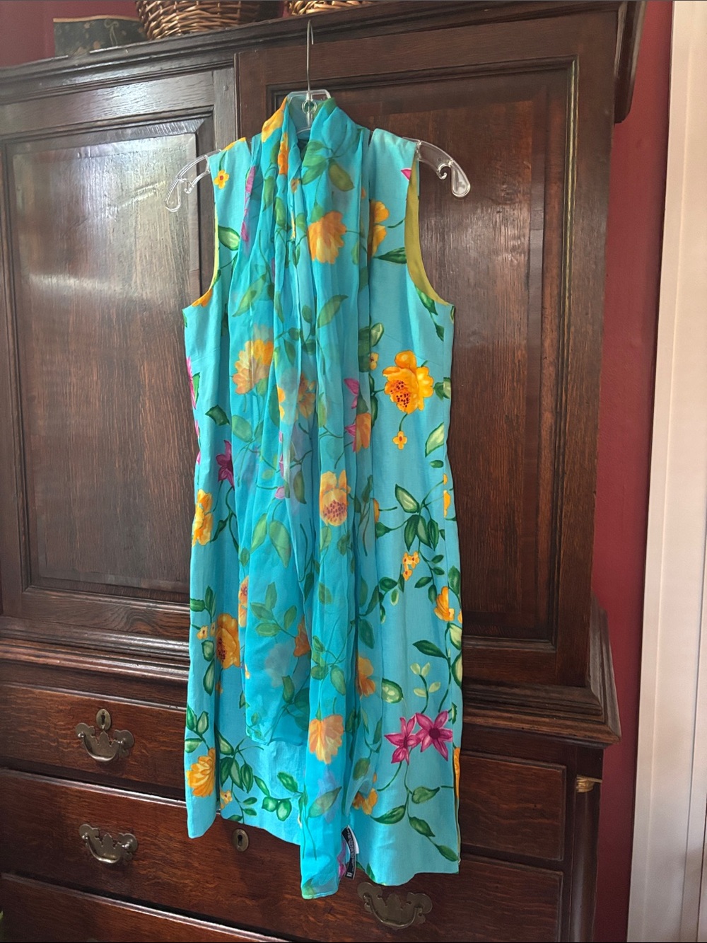 Talbots Turquoise Floral Shift Dress with matching silk scarf - Picture 4 of 8